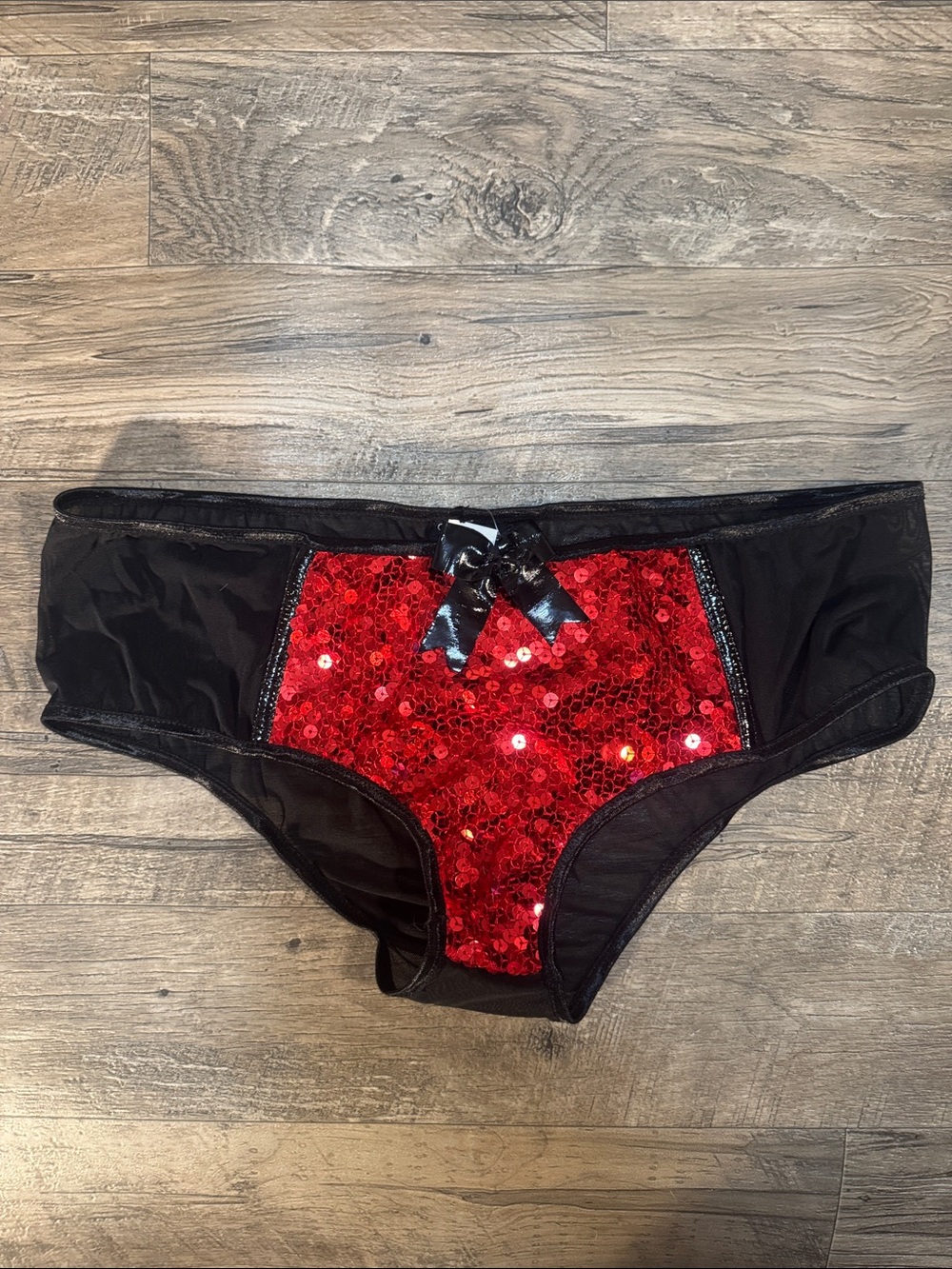 OS/XL Coquette Red Sequin and Black Mesh Panties
